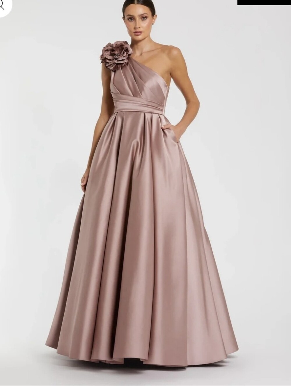 Mac Duggal One-Shoulder Satin Ball Gown in Mauve Blush 3D Flower